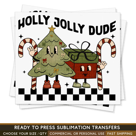 Holly Jolly Dude, Retro Christmas Trees Sublimation Print, Retro Ready To Press Sublimation Transfers, RTP Transfers, Sublimation Prints