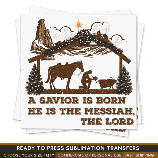 Christmas Praying Cowboy Over Manger Jesus Religious, Ready To Press Sublimation Transfer, Ready To Press Transfers, Sublimation Prints