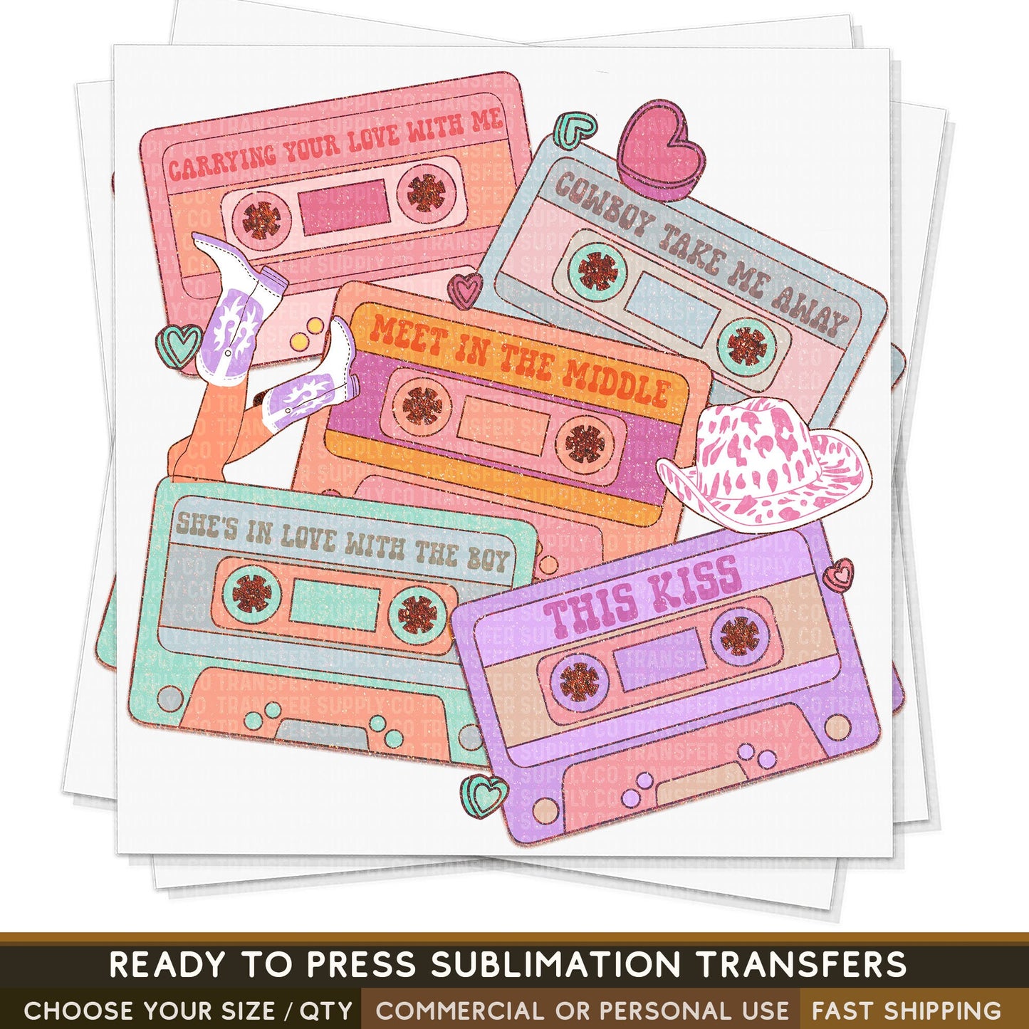 Western 90s Country Love Songs Cassettes, READY TO PRESS Sublimation Transfer, Western Sublimation Transfer, Western Sublimation Print