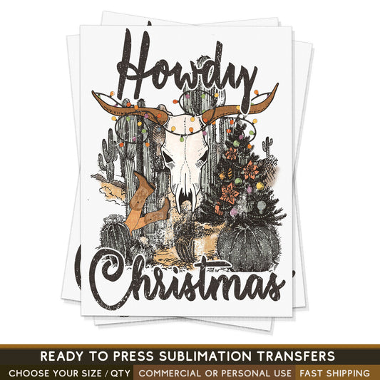 Howdy Christmas, Vintage Western Christmas, Christmas Cow Skull, Ready To Press Sublimations, Ready To Press Transfers, Sublimation Prints,