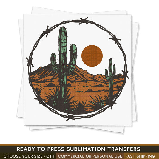 Desert Cactus Barb Wire Vintage Wild West Western, Ready To Press Sublimation Transfers, Ready To Press Transfers, Sublimation Prints