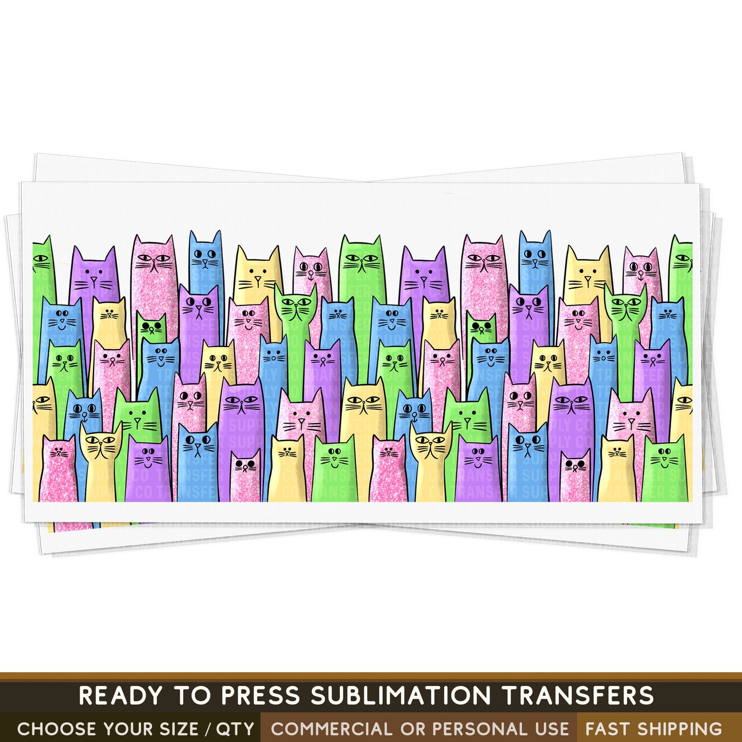 Colorful Cats Sublimation Glass Wrap | Sublimation 16oz Glass Wrap, Sublimation Glass Cup Transfer, Ready to Press Sublimation Transfer