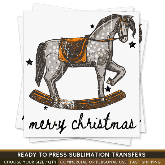 Merry Christmas Rocking Horse Wild West Western, Ready To Press Sublimation Transfers, Ready To Press Transfers, Sublimation Print