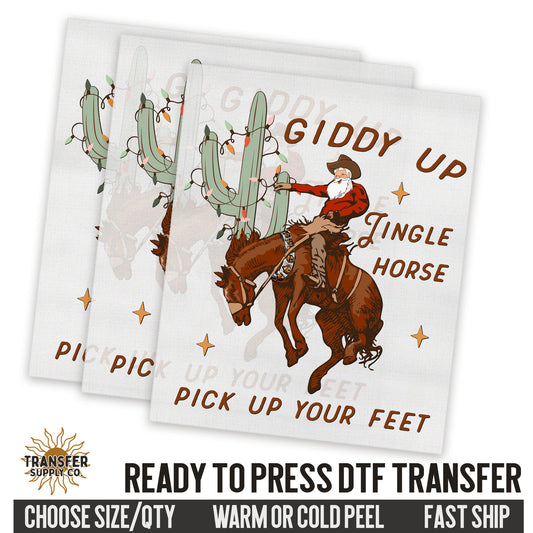 Giddy Up Jingle Horse, Western Christmas, Ready To Press DTF Transfers, Ready To Press DTF Film Transfers, Western DTF Transfers