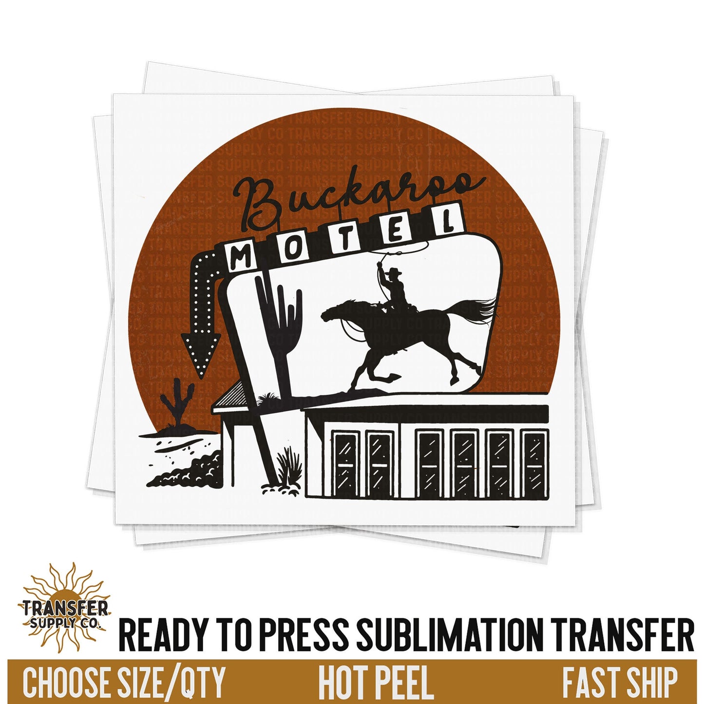 Buckaroo Motel Cowboy Wild West Western, Ready To Press Sublimation Transfers, Ready To Press Transfers, Sublimation Print