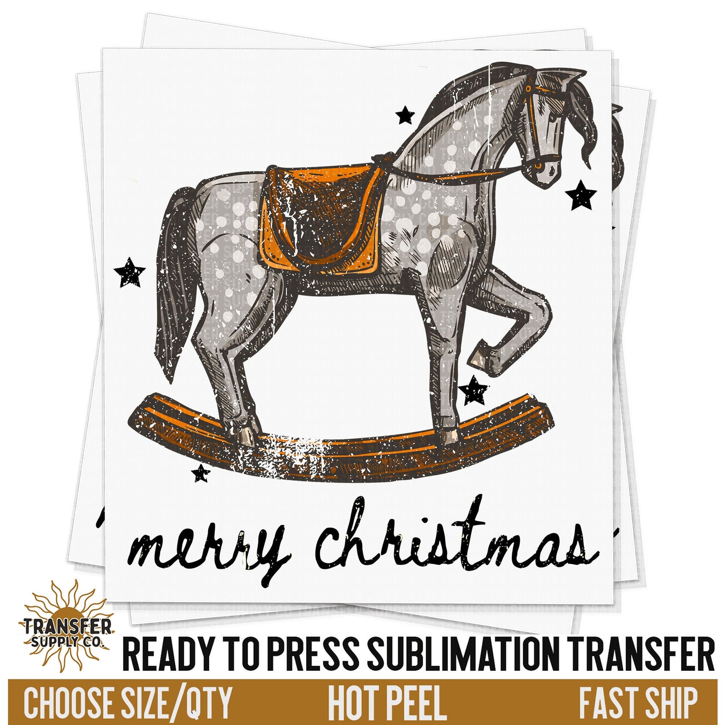 Merry Christmas Rocking Horse Wild West Western, Ready To Press Sublimation Transfers, Ready To Press Transfers, Sublimation Print