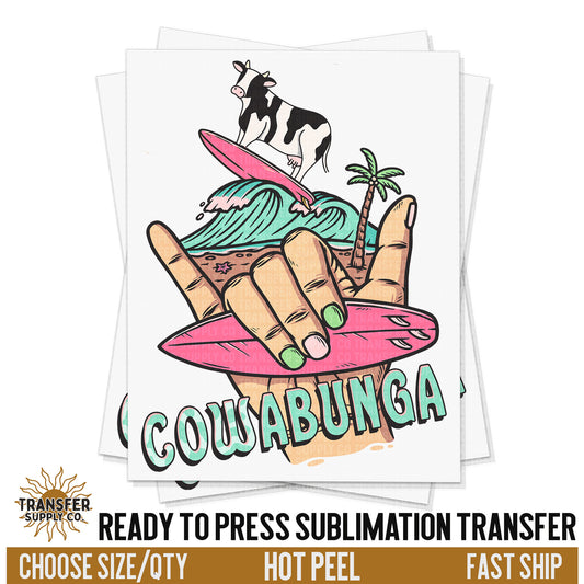 Cowabunga Western Surfing Cow, Ready To Press Sublimation Transfers, Ready To Press Transfers, Sublimation Prints, Sublimation