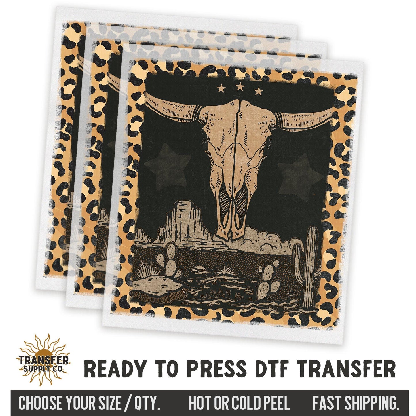 Western Longhorn Leopard Print, Western Ready To Press DTF Transfers, Ready To Press DTF Film Transfers, Western DTF Transfers