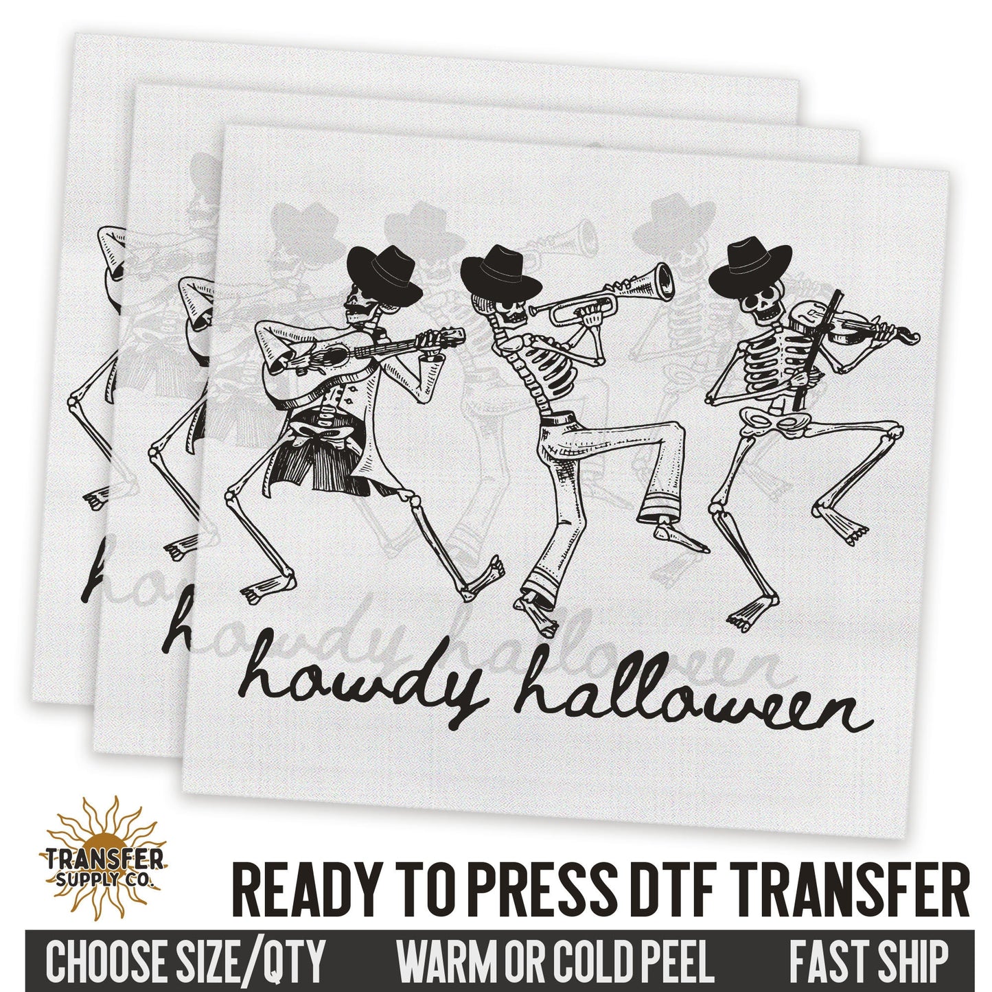 Howdy Halloween Cowboy Skeletons, Wild West Western, Ready To Press DTF Transfers, Ready To Press DTF Film Transfers, Western DTF Transfers