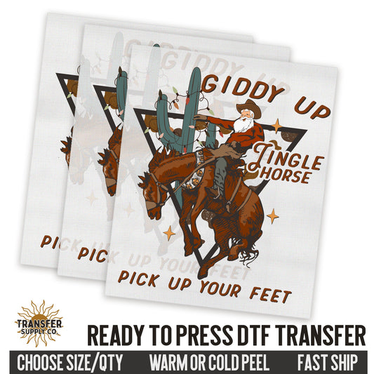 Giddy Up Jingle Horse, Western Christmas, Ready To Press DTF Transfers, Ready To Press DTF Film Transfers, Western DTF Transfers