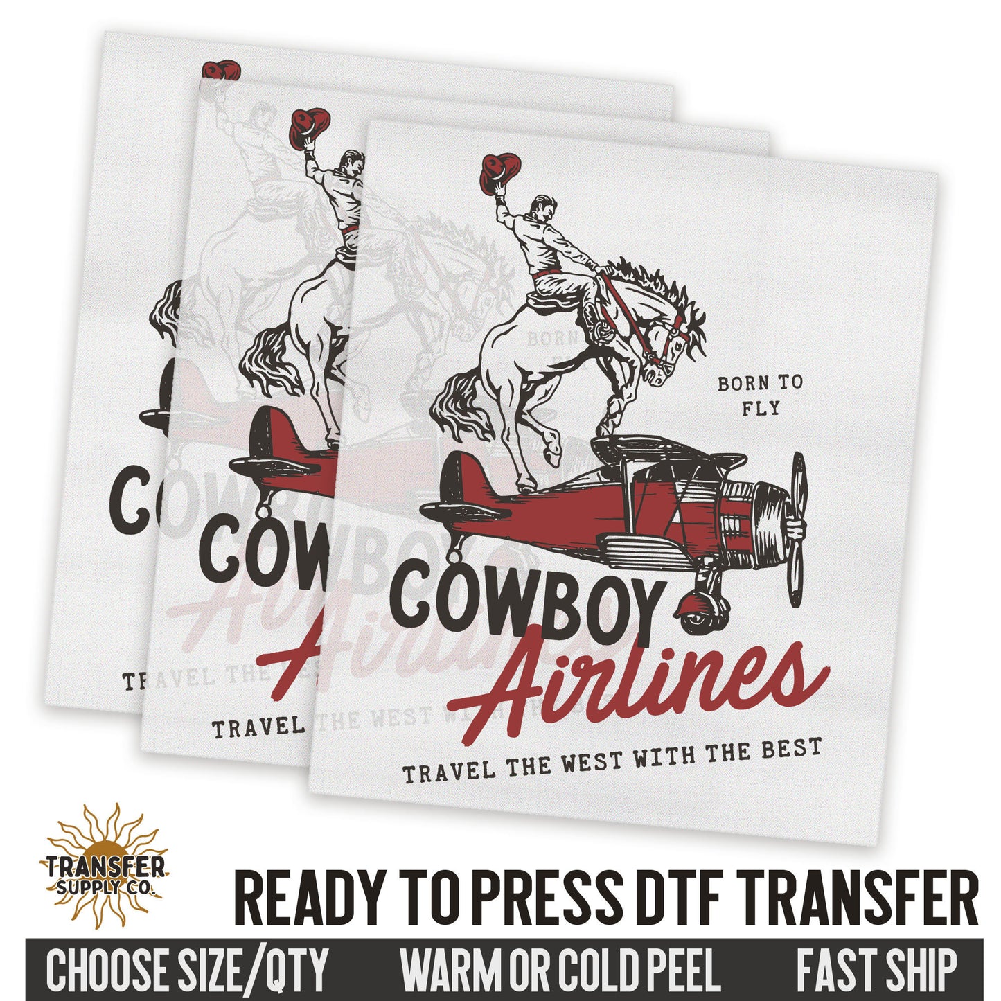 Cowboy Airlines Rodeo Bronco, Western Dtf, Ready To Press DTF Transfers, Ready To Press DTF Film Transfers, Western DTF Transfers