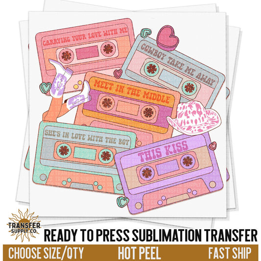 Western 90s Country Love Songs Cassettes, READY TO PRESS Sublimation Transfer, Western Sublimation Transfer, Western Sublimation Print