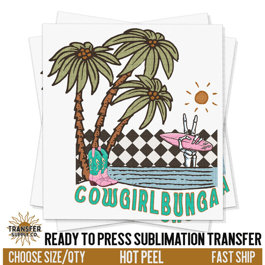 Cowgirlbunga Cowgirl Surfing Beach, Ready To Press Sublimation Transfers, Ready To Press Transfers, Sublimation Prints, Sublimation