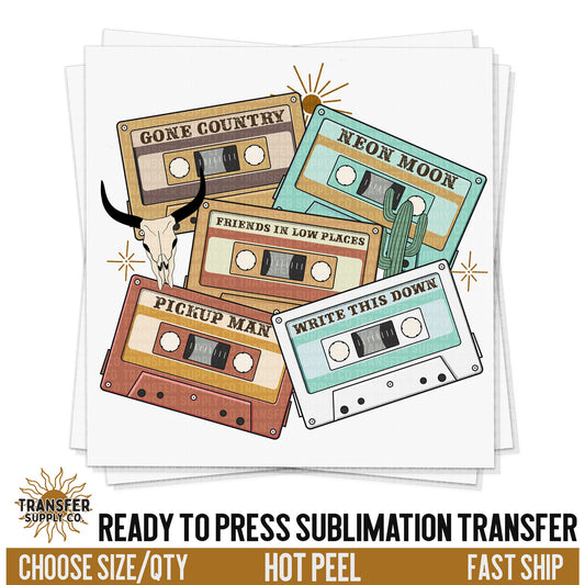 90s Country Music Cassettes Western Ready To Press Sublimation Transfer | Sublimation Transfer Prints, Printed Sublimation Transfers