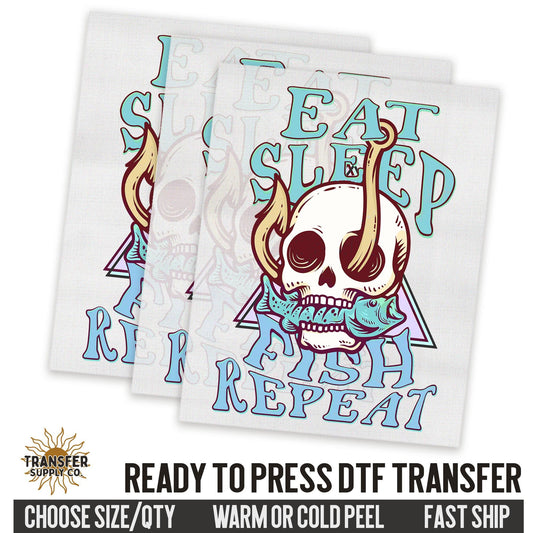 Eat Sleep Repeat Ocean Skull Fish Summer Ready To Press DTF Transfer | Dtf Transfer Print, Printed Dtf Transfer, Transfer Ready To Press