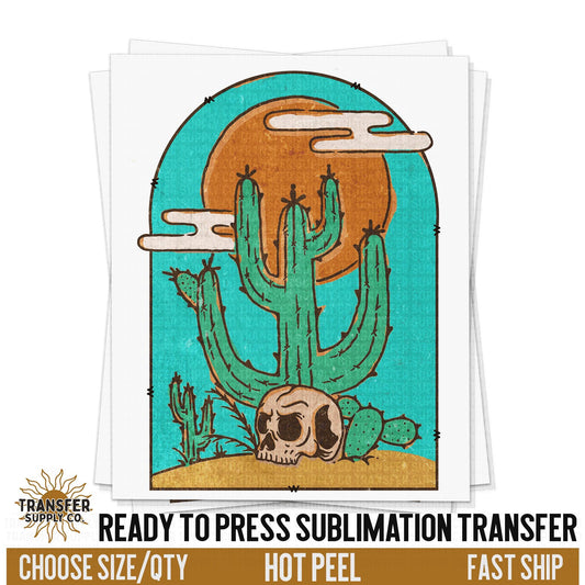 Desert Western Skull Cactus, READY TO PRESS transfer, Western Sublimation Transfer,  Shirt Transfer, Summer Transfer