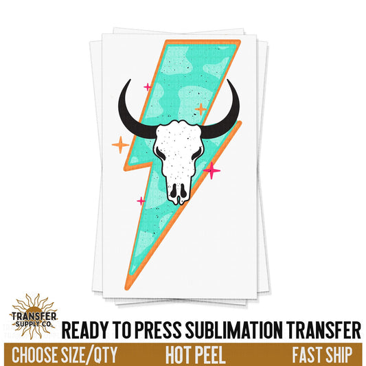 Lightning Bolt Cow Skull Western, Ready To Press Sublimation Transfers, Ready To Press Transfers,Sublimation Prints, Western Print