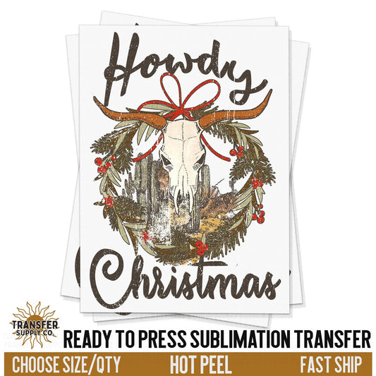 Howdy Christmas, Vintage Western Christmas, Christmas Cow Skull, Ready To Press Sublimations, Ready To Press Transfers, Sublimation Prints,