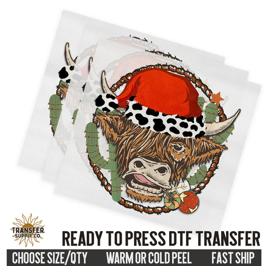 Western Highland Cow Santa Hat, Western Christmas, Ready To Press DTF Transfers, Ready To Press DTF Film Transfers, Western DTF Transfers