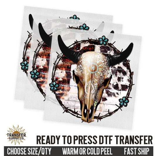 Western Cow Skull, Western Dtf Sheet, Western Ready To Press DTF Transfer, Ready To Press DTF Film Transfer, Western DTF Transfer