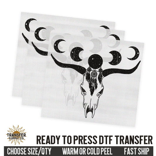 Western Cow Skull with Moons, Western Dtf Sheet, Western Ready To Press DTF Transfer, Ready To Press DTF Film Transfer, Western DTF Transfer