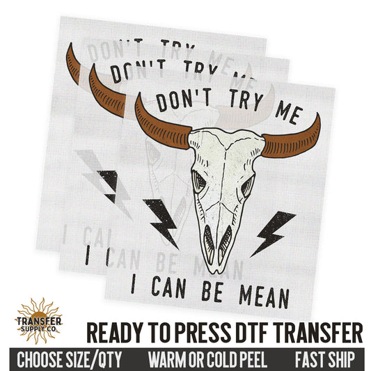 Don't Try Me I Can Be Mean, Western Dtf Sheet, Western Ready To Press DTF Transfer, Ready To Press DTF Film Transfer, Western DTF Transfer