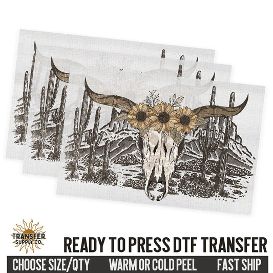 Desert Sunflower Cow Skull, Western Dtf Sheet, Western Ready To Press DTF Transfer, Ready To Press DTF Film Transfer, Western DTF Transfer