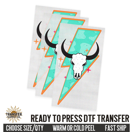 Cow Skull Lightning Bolt, Western Dtf Sheet, Western Ready To Press DTF Transfer, Ready To Press DTF Film Transfer, Western DTF Transfer