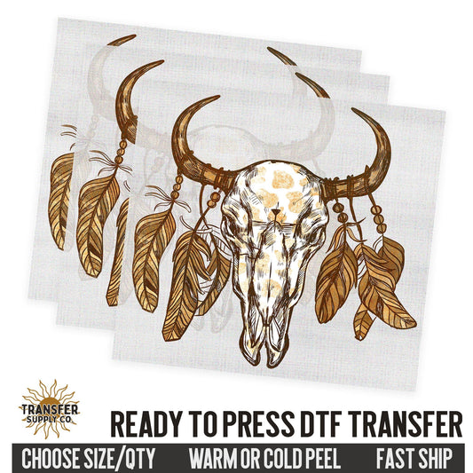 Cow Skull with Feathers, Western Dtf Sheet, Western Ready To Press DTF Transfer, Ready To Press DTF Film Transfer, Western DTF Transfer