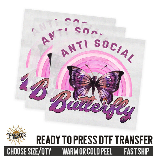 Anti Social Butterfly, Retro Ready To Press DTF Transfer, Dtf Transfer Print, Printed Dtf Transfer, Transfer Ready To Press