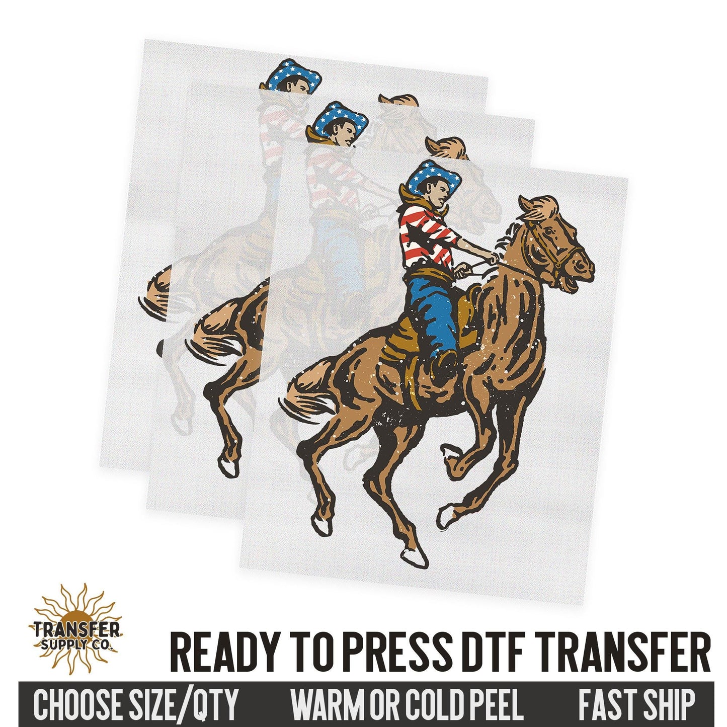 Cowboy Bronco Horse Flag, 4th of July Western, Ready To Press DTF Transfers, Ready To Press DTF Film Transfers, Western DTF Transfers