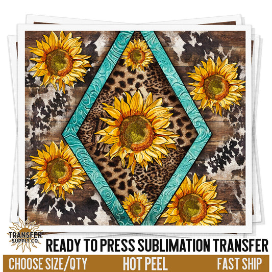 Western Sunflower Teal Sublimation Transfer | Sublimation Tumbler Wraps, Sublimation Tumbler Transfers, Ready to Press Sublimation Transfers