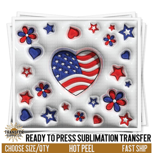 Patriotic Heart 3D Puff Sublimation Transfer | Sublimation Tumbler Wraps, Sublimation Tumbler Transfers, Ready to Press Sublimation Transfer