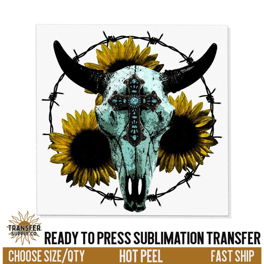 Western Sunflower, Cow Skull Transfer, Ready To Press Sublimation Transfer, Sublimation Transfer Prints, Printed Sublimation Transfers