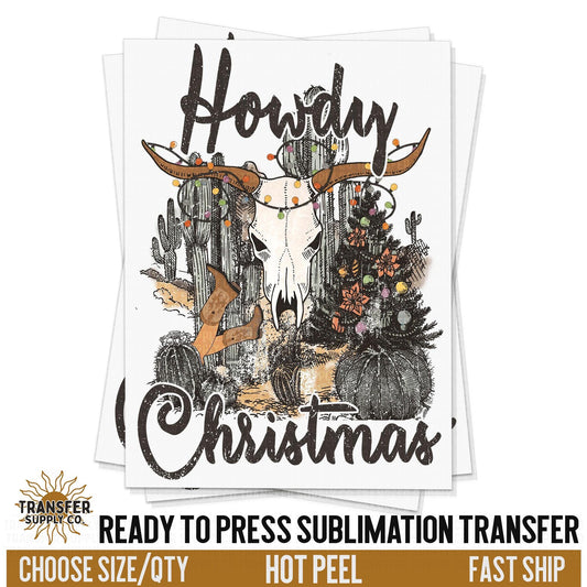 Howdy Christmas, Vintage Western Christmas, Christmas Cow Skull, Ready To Press Sublimations, Ready To Press Transfers, Sublimation Prints,