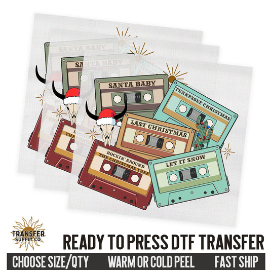 Western Country Christmas Cassette Tapes, Western Christmas, Ready To Press DTF Transfers, Ready To Press DTF Film Transfer, DTF Transfer