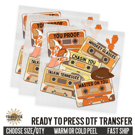 Wasted On You Country Music Cassettes, Western Ready To Press DTF Transfer | Dtf Transfer Prints, Printed Dtf Transfer, Dtf Film Transfer