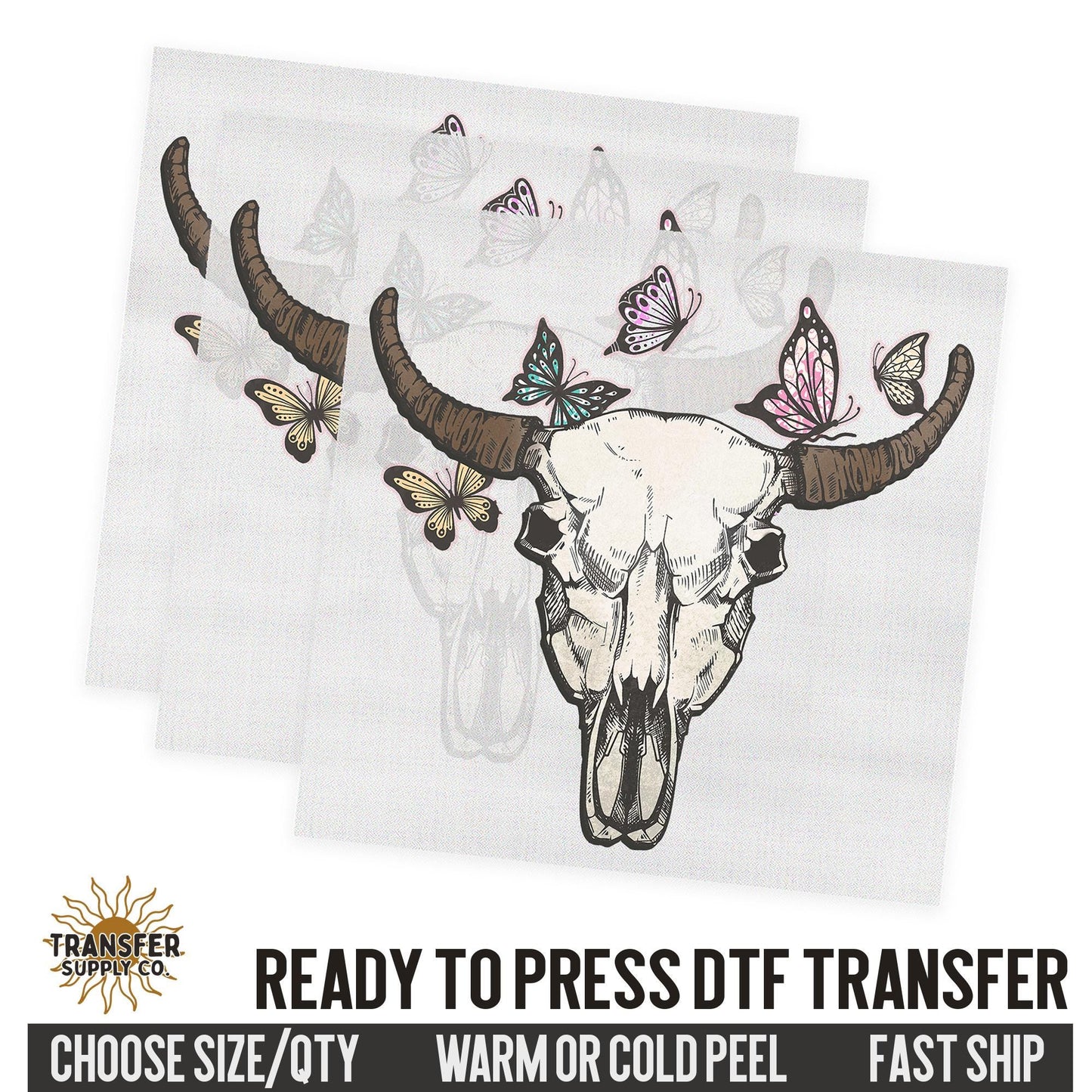 Cow Skull with Butterflies, Western Dtf Sheet, Western Ready To Press DTF Transfer, Ready To Press DTF Film Transfer, Western DTF Transfer