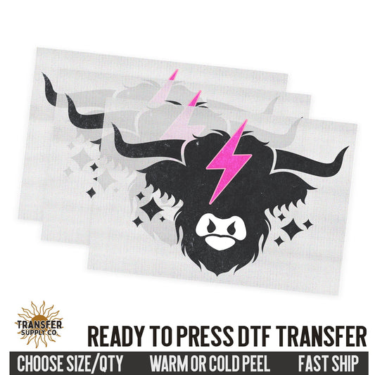 Highland Cow Lightning Bolt, Western Dtf Sheet, Western Ready To Press DTF Transfer, Ready To Press DTF Film Transfer, Western DTF Transfer