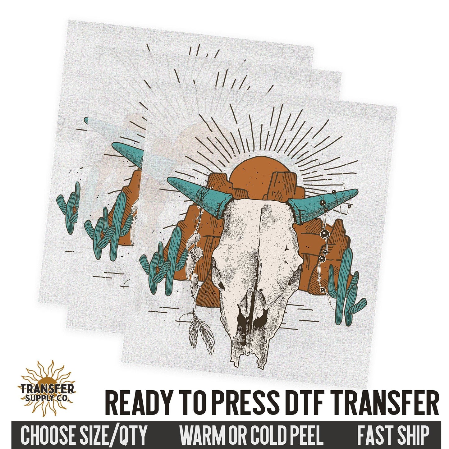 Desert Cow Skull, Western Dtf Sheet, Western Ready To Press DTF Transfer, Ready To Press DTF Film Transfer, Western DTF Transfer