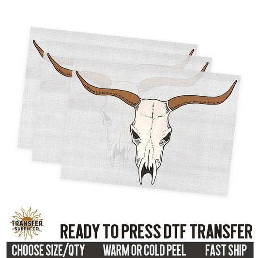 Cow Skull Western Long Horn, Western Dtf Sheet, Western Ready To Press DTF Transfer, Ready To Press DTF Film Transfer, Western DTF Transfer